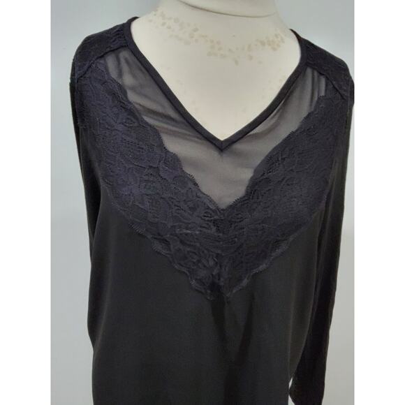 Ann Taylor Black Lace Sheer Vneck Long Sleeve Blouse Keyhole Back Size Large - Picture 4 of 7